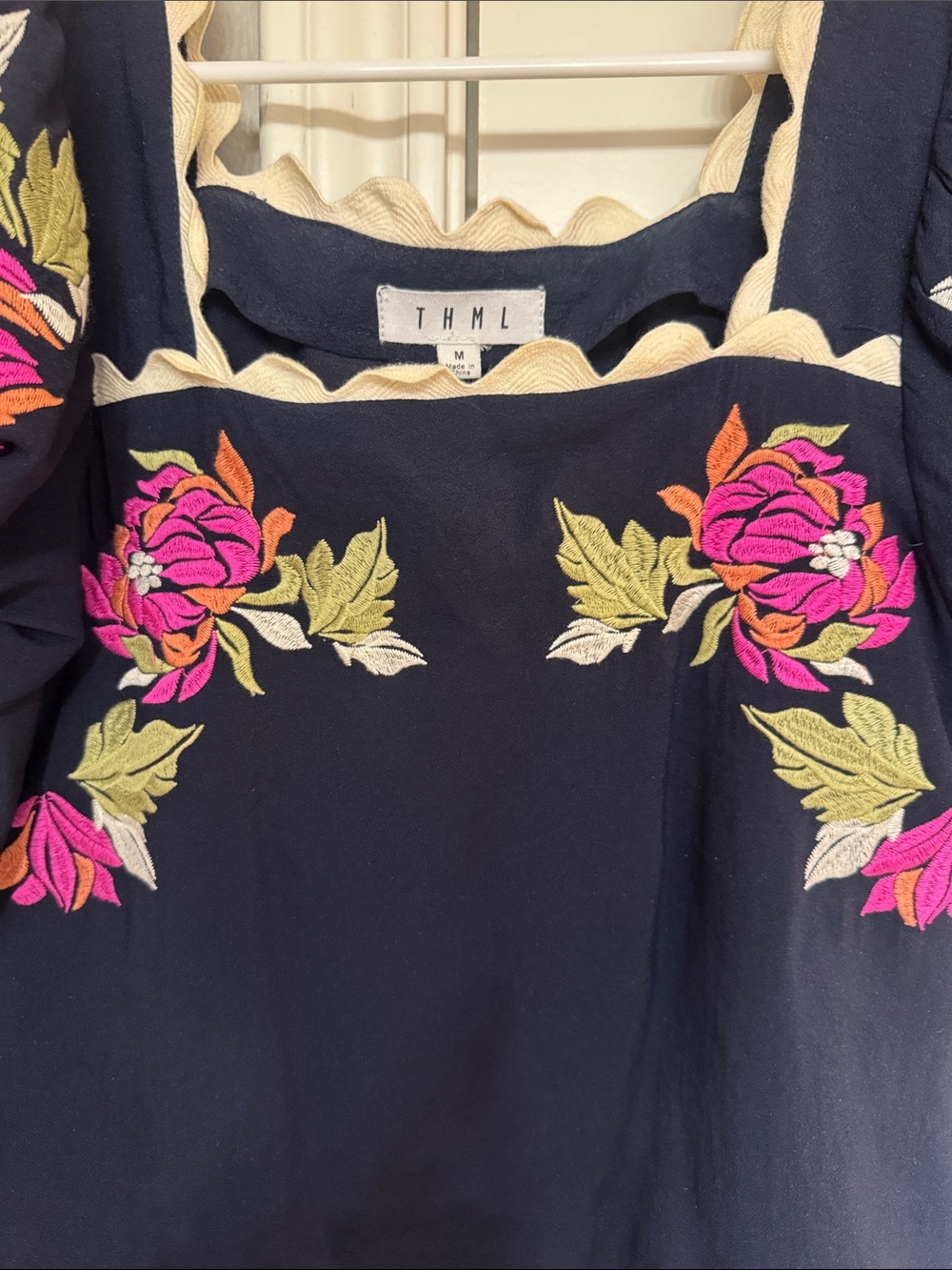 THML Navy Square-Neck Puff Sleeve Blouse with Pink Floral Embroidery - Picture 3 of 4